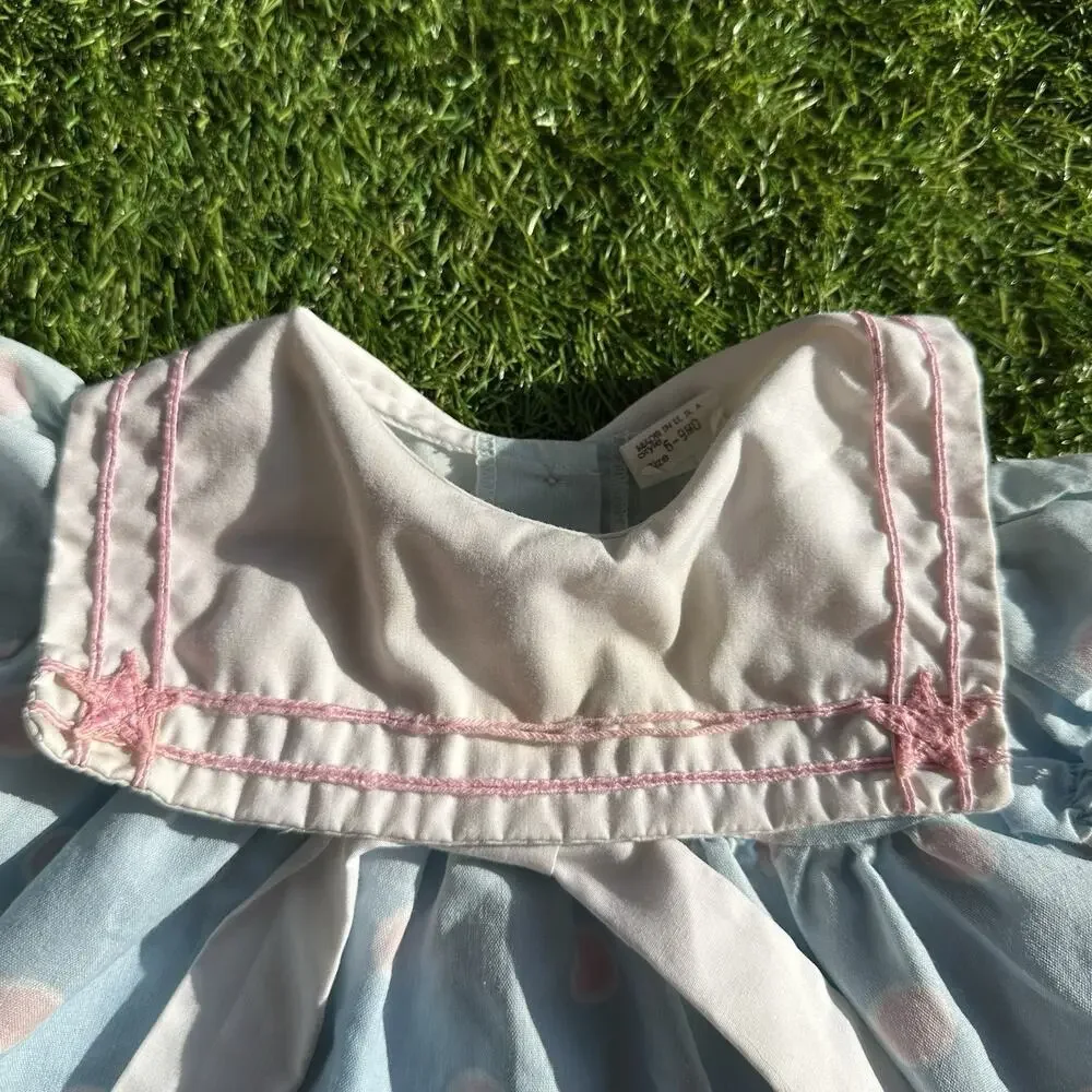 Vintage Bryan Baby Dress 6-9‎ Months USA Sailor Collar Bow Blue Pink Polka Dot